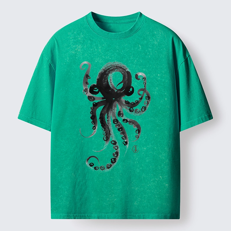 Tokyo-Lion Japanese Ink Octopus Art Washed T-Shirt