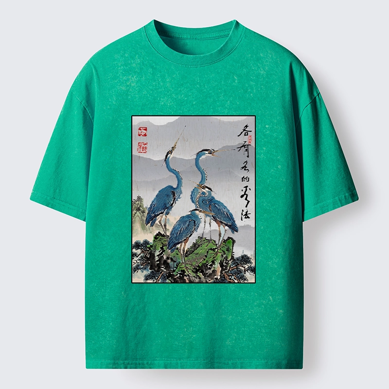 Tokyo-Lion Cranes On Rock Zen Nature Washed T-Shirt