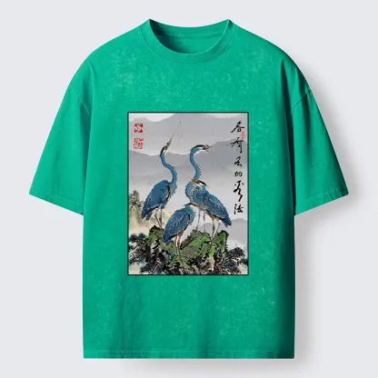 Tokyo-Lion Cranes On Rock Zen Nature Washed T-Shirt