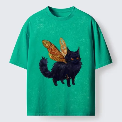 Tokyo-Lion Funny Fairy Black Cat Art Washed T-Shirt