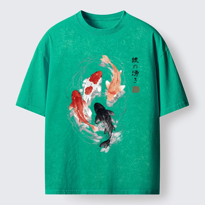 Tokyo-Lion Koi Fish Flow In Traditional Ink Style Washed T-Shirt