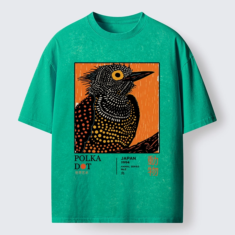 Tokyo-Lion Polka Dot Bird Japanese Art Poster Washed T-Shirt