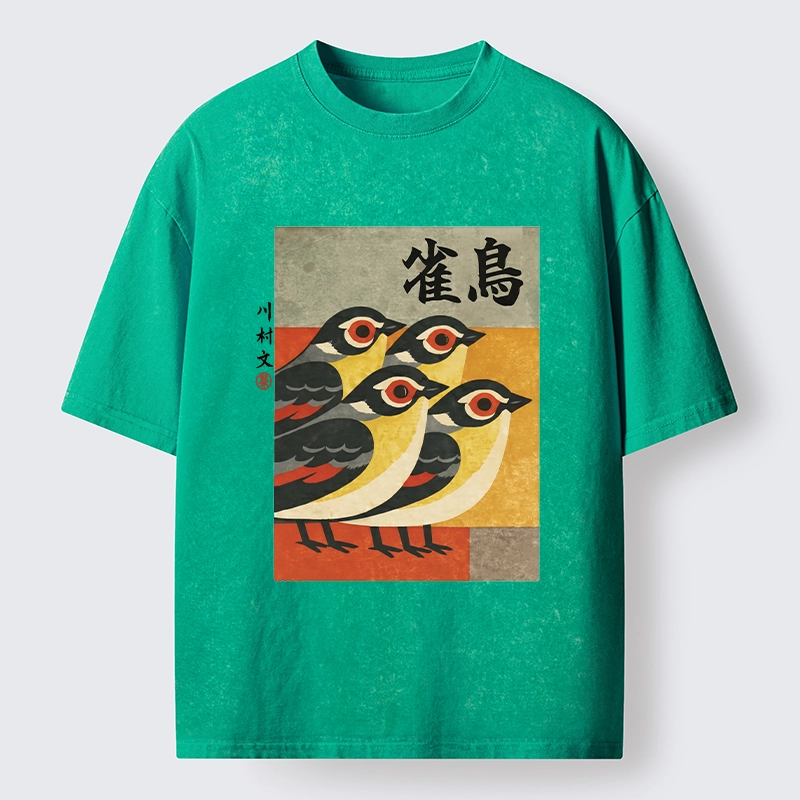 Tokyo-Lion Cute Sparrows In Retro Japanese Print Washed T-Shir