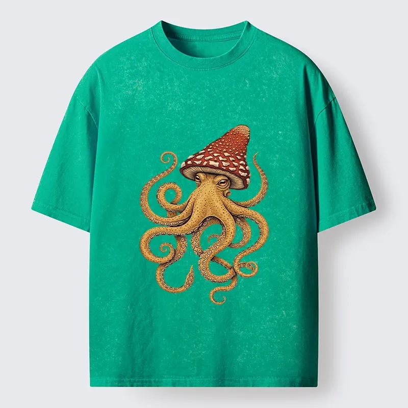 Tokyo-Lion Mushroom Octopus Fantasy Art Washed T-Shirt