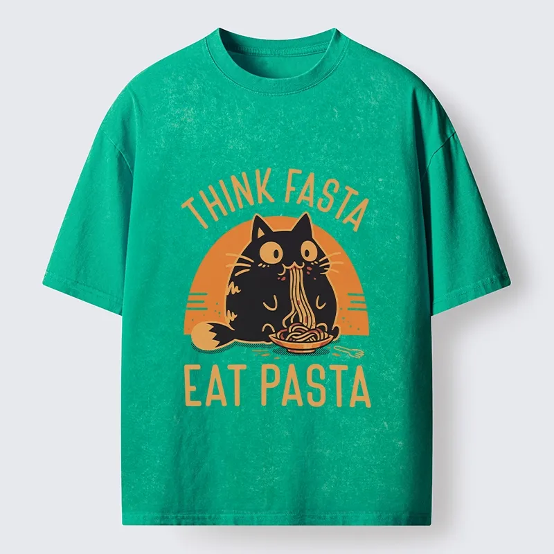 Tokyo-Lion Cute Black Cat Eating Pasta Washed T-Shirt