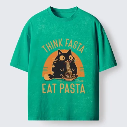 Tokyo-Lion Cute Black Cat Eating Pasta Washed T-Shirt