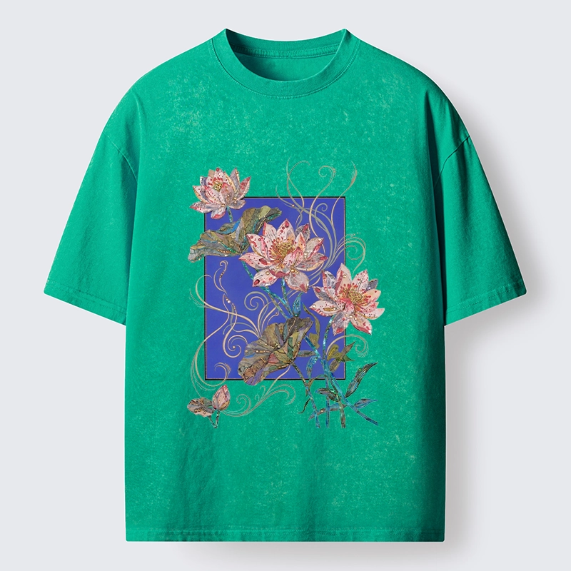 Tokyo-Lion Lotus Art Floral Vibe Washed T-Shirt