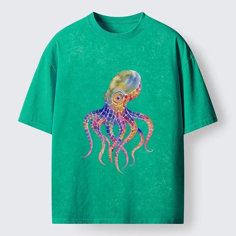 Tokyo-Lion Watercolor Octopus Art Washed T-Shirt