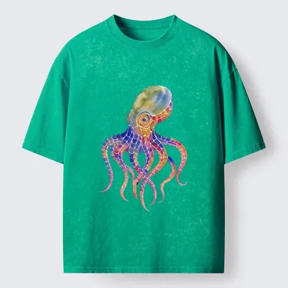 Tokyo-Lion Watercolor Octopus Art Washed T-Shirt
