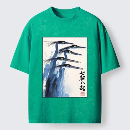 Tokyo-Lion Blue Herons Japanese Ink Art Washed T-Shirt
