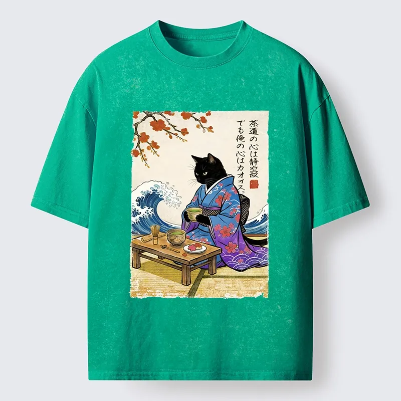 Tokyo-Lion Black Cat Tea Ceremony Japan Washed T-Shirt