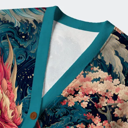 Tokyo-Lion Red Dragon Ukiyo-e Ugly Cardigan Sweater