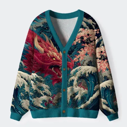 Tokyo-Lion Red Dragon Ukiyo-e Ugly Cardigan Sweater
