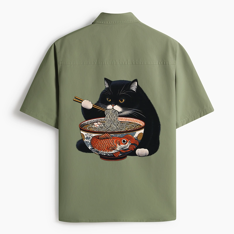 Tokyo-Lion Fat Cat Eating Ramen Work Shirt-Tokyo-Lion