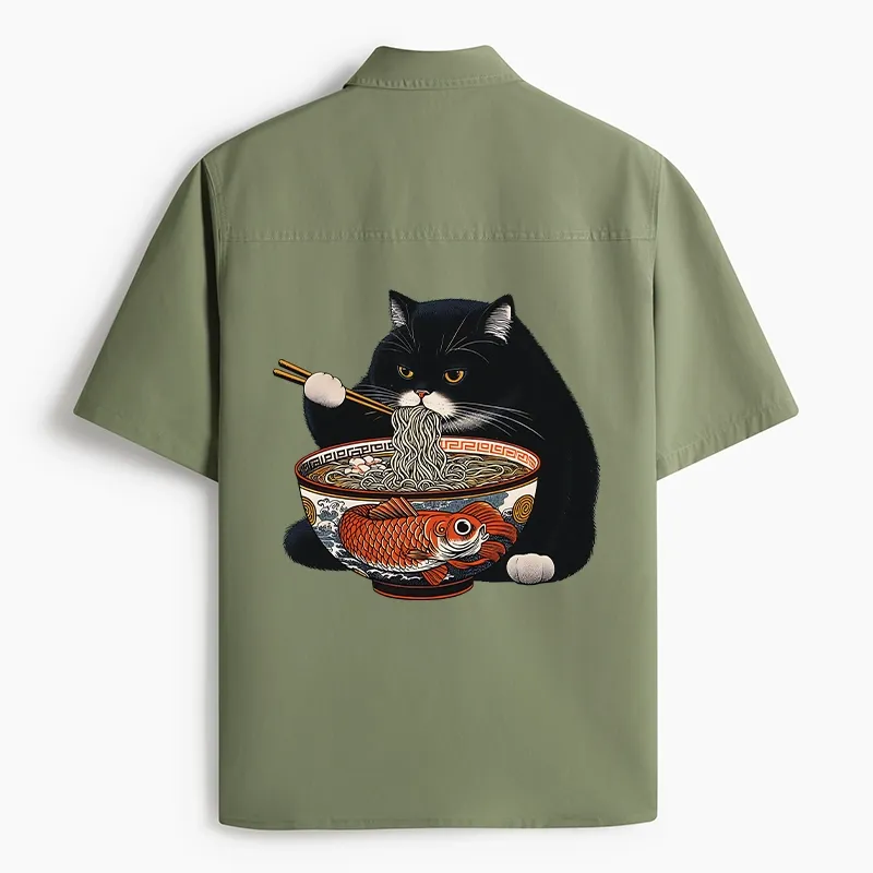 Tokyo-Lion Fat Cat Eating Ramen Work Shirt-Tokyo-Lion