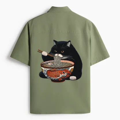 Tokyo-Lion Fat Cat Eating Ramen Work Shirt-Tokyo-Lion