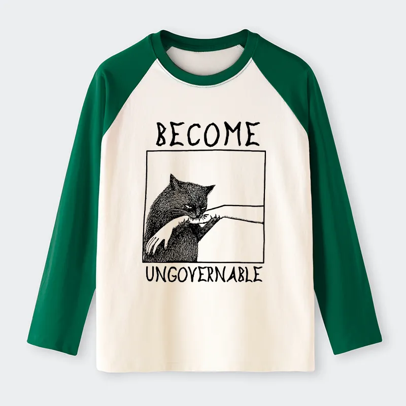 Tokyo-Lion Cat Biting Arm Raglan Long Sleeve T-shirt