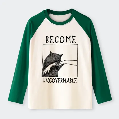 Tokyo-Lion Cat Biting Arm Raglan Long Sleeve T-shirt