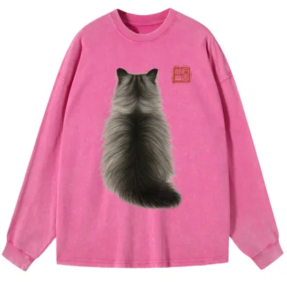 Tokyo-Lion Cat's Back Ink Painting Washed Long Sleeve T-Shirt