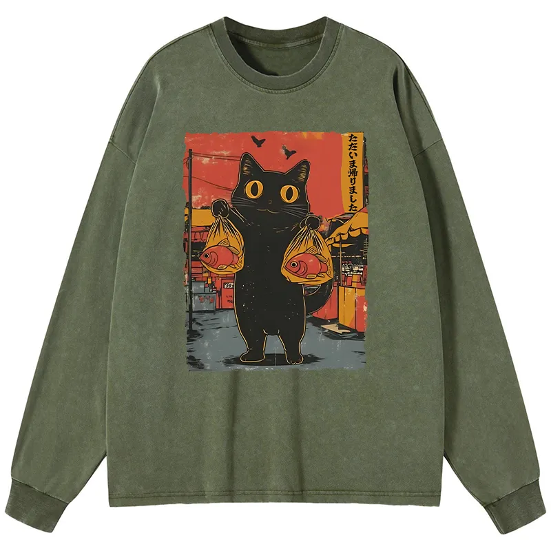 Tokyo-Lion Cat Fishing Japanese Washed Long Sleeve T-Shirt