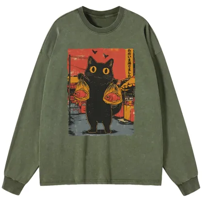 Tokyo-Lion Cat Fishing Japanese Washed Long Sleeve T-Shirt