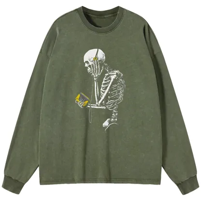 Tokyo-Lion Skeleton Listening To Music Washed Long Sleeve T-Shirt