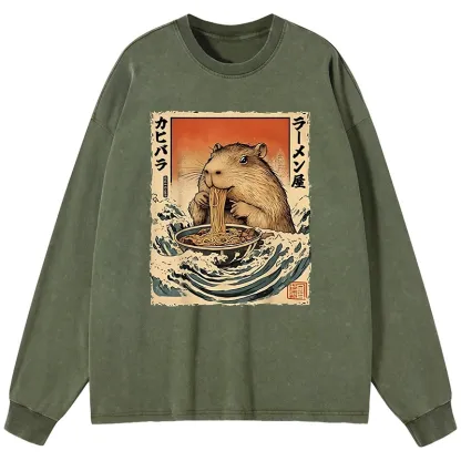 Tokyo-Lion Hamster Eating Ramen Washed Long Sleeve T-Shirt