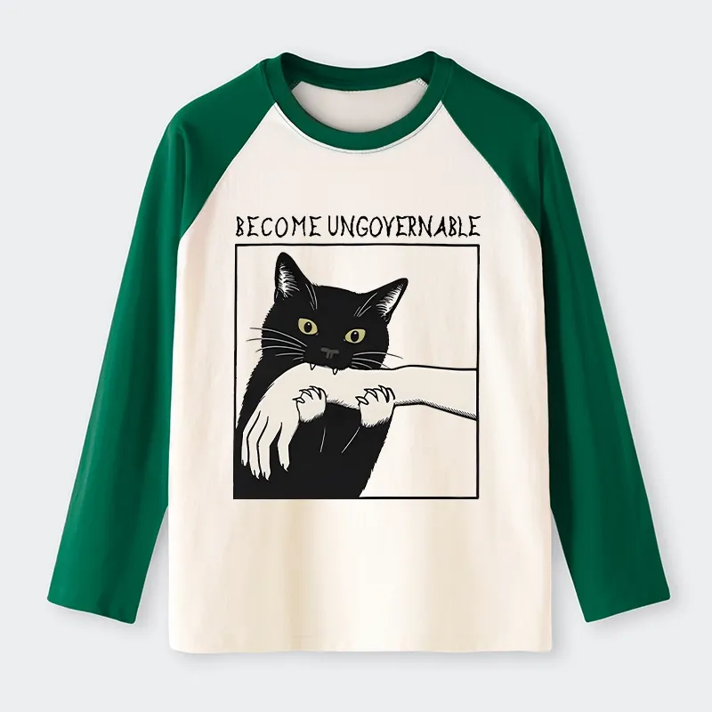 Tokyo-Lion Black Cat Biting Raglan Long Sleeve T-shirt