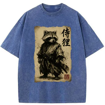 Tokyo-Lion Retro Raccoon Samurai Washed T-Shirt