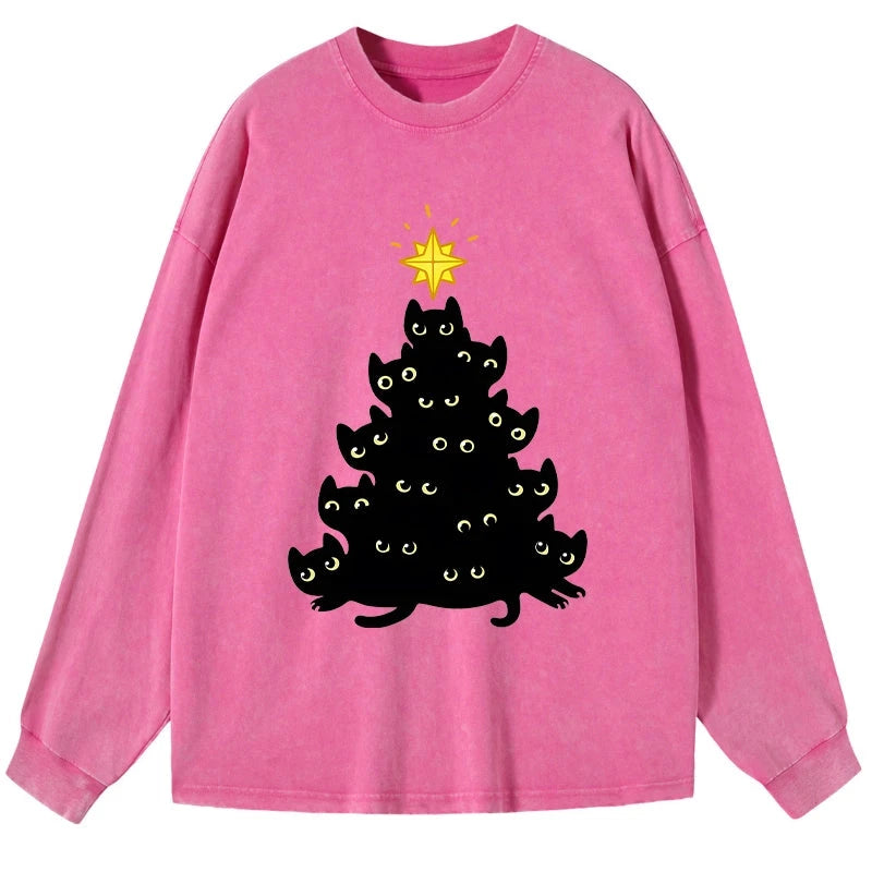 Tokyo-Lion Black Cat Christmas Tree Washed Long Sleeve T-Shirt-Tokyo-Lion