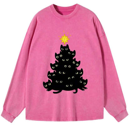 Tokyo-Lion Black Cat Christmas Tree Washed Long Sleeve T-Shirt-Tokyo-Lion