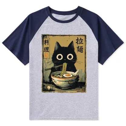 Tokyo-Lion Cute Black Cat Eating Ramen Japan Raglan T-shirt
