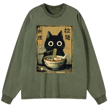 Tokyo-Lion Cute Black Cat Eating Ramen Japan Washed Long Sleeve T-Shirt