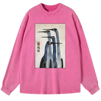 Tokyo-Lion Retro Sandhill Crane Washed Long Sleeve T-Shirt