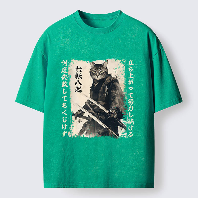 Tokyo-Lion Samurai Japanese Cat Washed T-Shirt