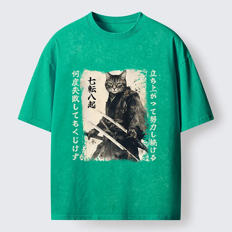 Tokyo-Lion Samurai Japanese Cat Washed T-Shirt