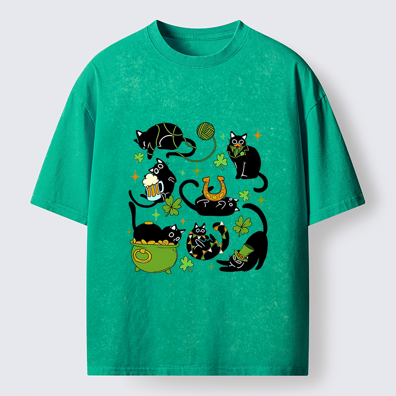 Tokyo-Lion St Patrick's Day Black Cat Funny Washed T-Shirt
