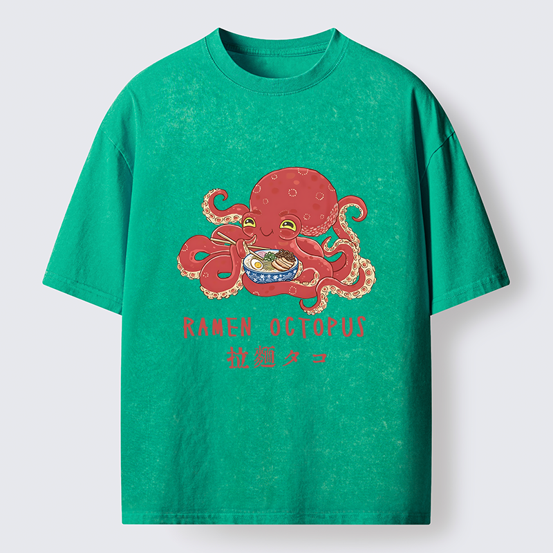 Tokyo-Lion Cute Octopus Eating Ramen Washed T-Shirt