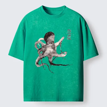 Tokyo-Lion Octopus Ink Painting Washed T-Shirt
