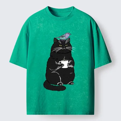 Tokyo-Lion Black Cat And Bird Washed T-Shirt