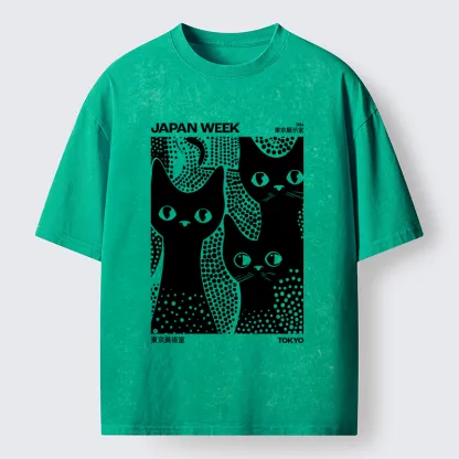 Tokyo-Lion Black Cat Polka Dot Art Washed T-Shirt