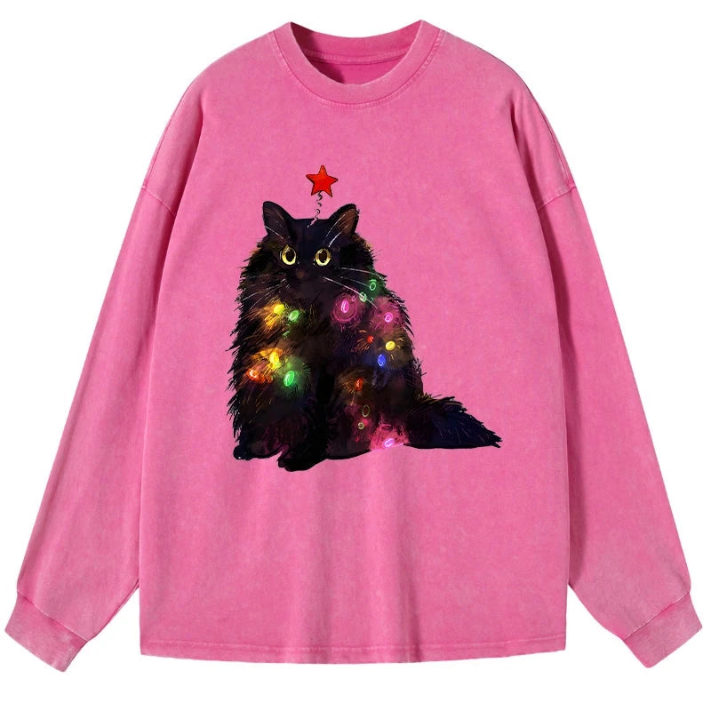 Tokyo-Lion Christmas Lights Cat Washed Long Sleeve T-Shirt-Tokyo-Lion