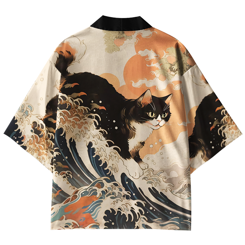 Tokyo-Lion Surfing Japanese Cat Kimono Cardigan