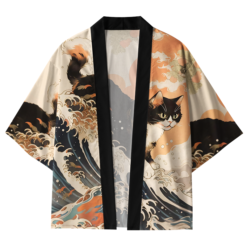 Tokyo-Lion Surfing Japanese Cat Kimono Cardigan