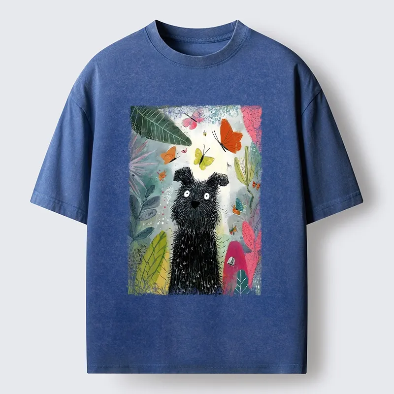 Tokyo-Lion Black Dog Among Colorful Butterflies Washed T-Shirt-Tokyo-Lion