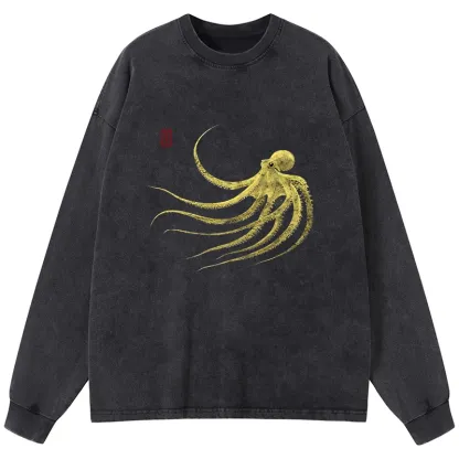 Tokyo-Lion Retro Octopus Japanese Washed Long Sleeve T-Shirt