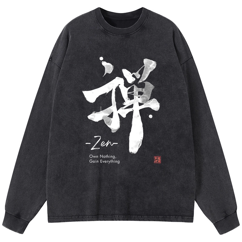 Tokyo-Lion Zen Texts Washed Long Sleeve T-Shirt-Tokyo-Lion