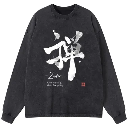 Tokyo-Lion Zen Texts Washed Long Sleeve T-Shirt-Tokyo-Lion
