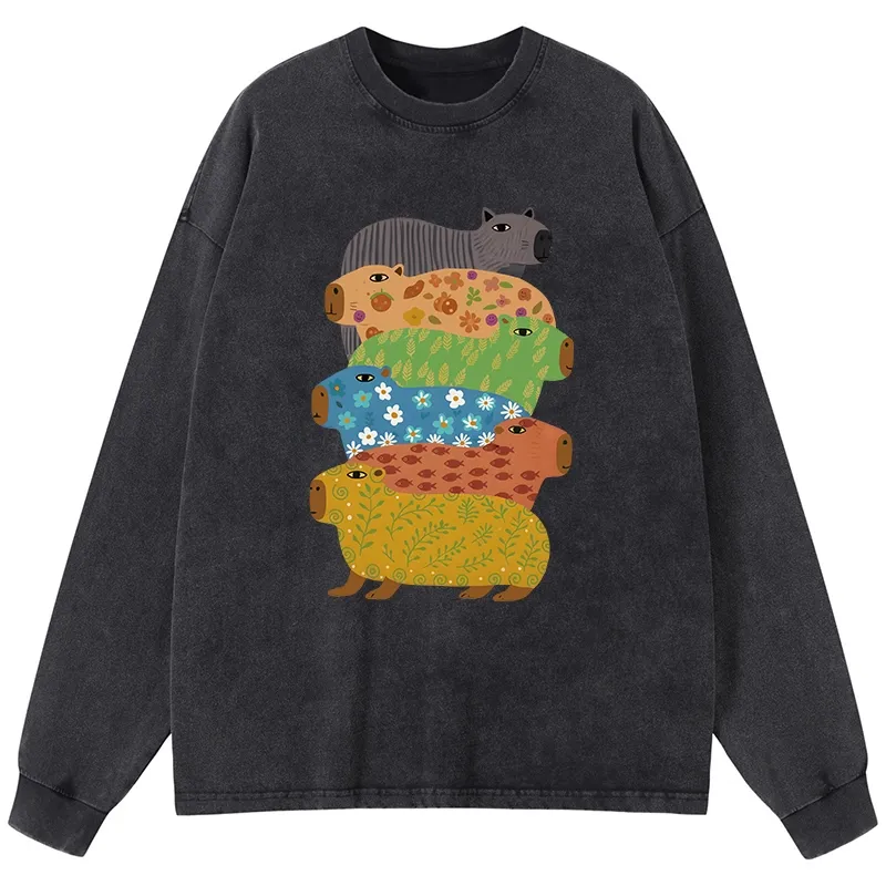 Tokyo-Lion Colorful Capybaras Washed Long Sleeve T-Shirt