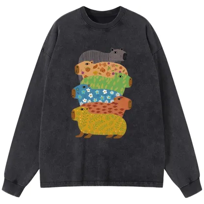 Tokyo-Lion Colorful Capybaras Washed Long Sleeve T-Shirt